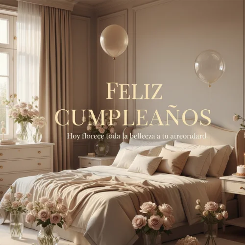 feliz cumpleaños con flores y globos
