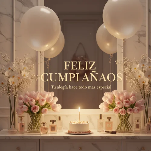 feliz cumpleaños con flores y globos
