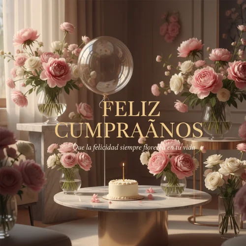 feliz cumpleaños con flores y globos