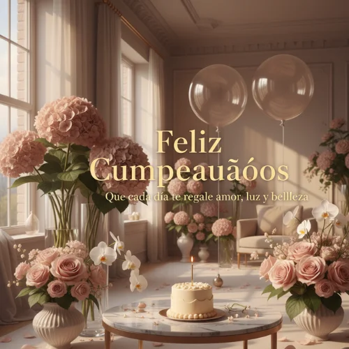 feliz cumpleaños con flores y globos