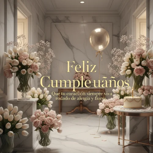 feliz cumpleaños con flores y globos