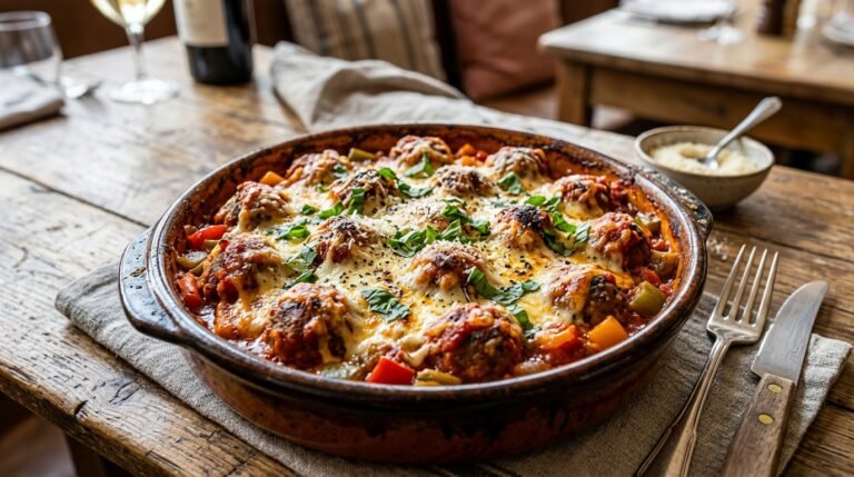Cheesy Baked Meatballs with Peppers and Sauce