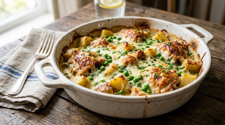 Insane Cheesy Chicken Bake with Potatoes and Peas