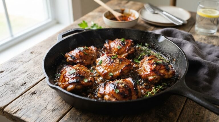 cooking glazed chicken in skillet