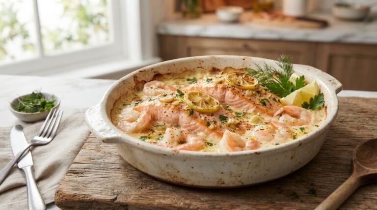 Creamy Lemon Garlic Salmon and Shrimp Bake Recipe