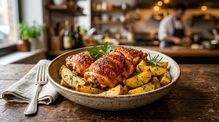 Crispy Oven-Roasted Chicken Thighs with Spicy Potatoes